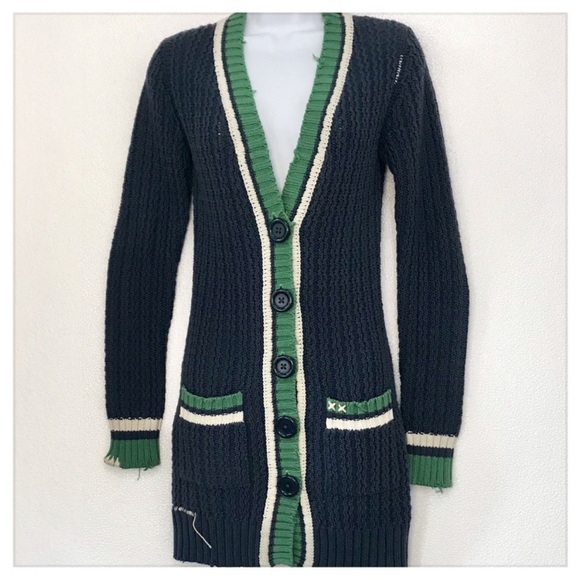 Y2K Vintage Project E Preppy Long Length Chunky Knit Cotton Cardigan Sweater - Picture 2 of 7